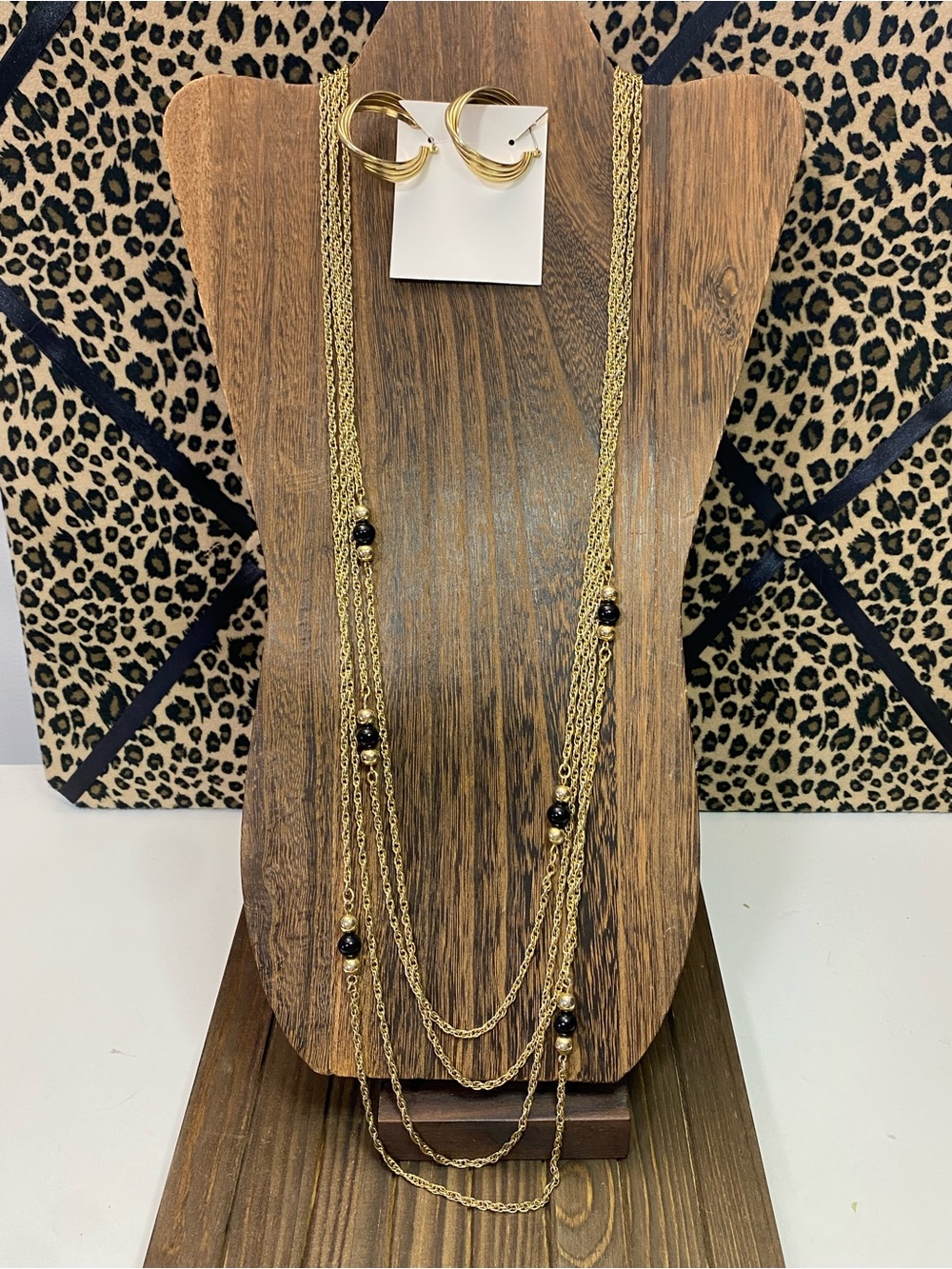 Vintage Gold-Tone Multi-Strand Necklace with Black Bead Accents & Hoop Earrings